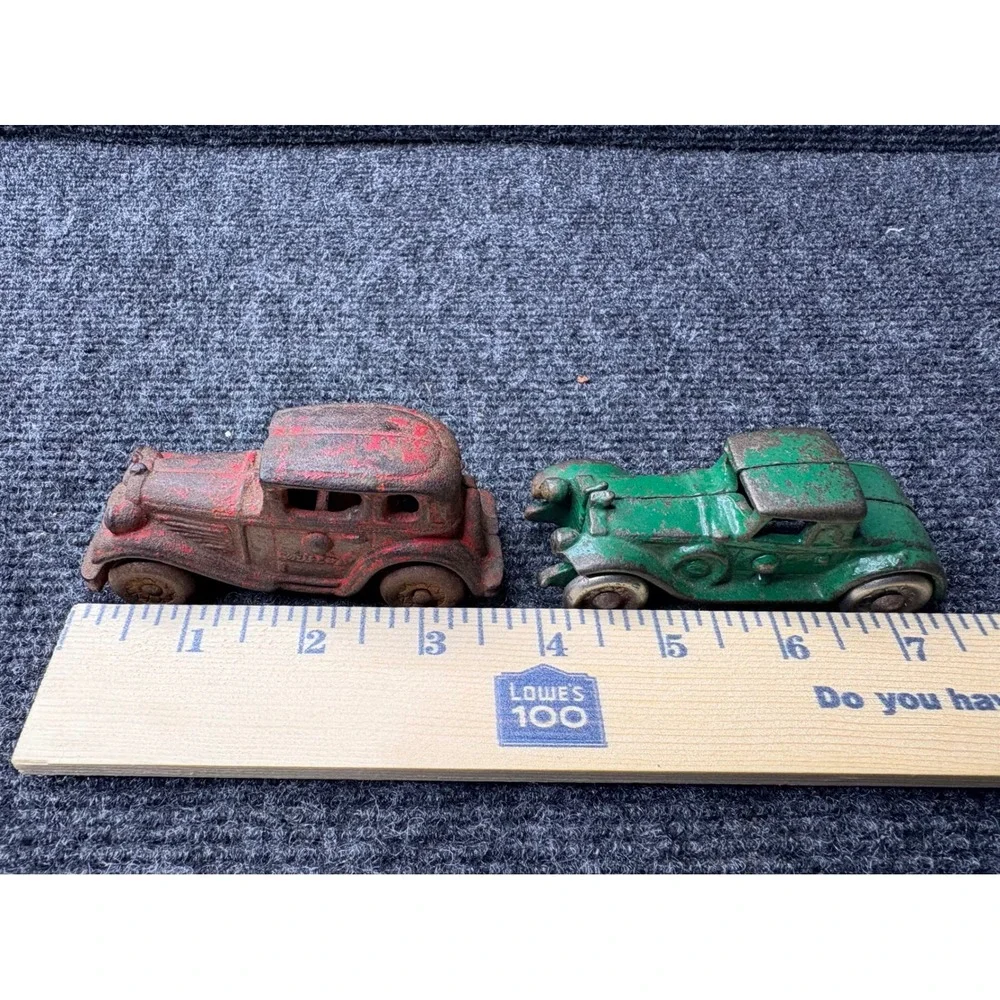 Vintage Hubley Cast Iron Toy Car Lot Red Sedan Green Coupe Antique 1930s USA